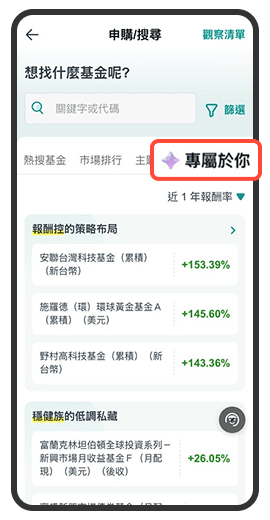 點擊【專屬於你】頁籤，可了解同溫層的佈局方向，幫助你有機會更聚焦、更快速找到適合自己的標的