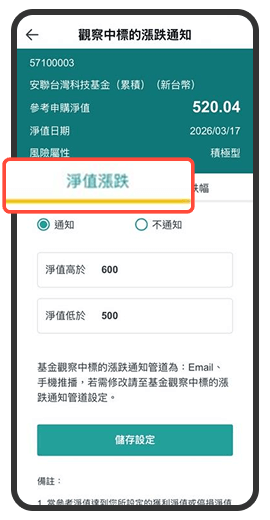 加入觀察清單後，可設定淨值高於或低於特定價格的追蹤通知