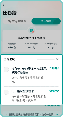 於「免手續費」頁籤可查詢任務進度，點選「查看說明」了解產品持有狀態