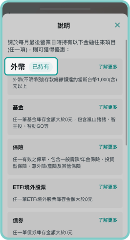 若任一指定金融往來將顯示「已持有」，且於檢核日時持有則可獲得優惠