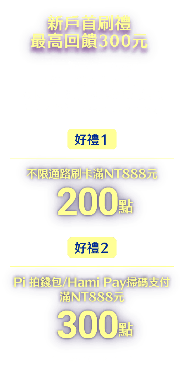 首刷好禮：111/7/5 ～ 111/9/30，核卡30天內累積消費滿NT888元(含)以上，新戶享500點，新卡享100點