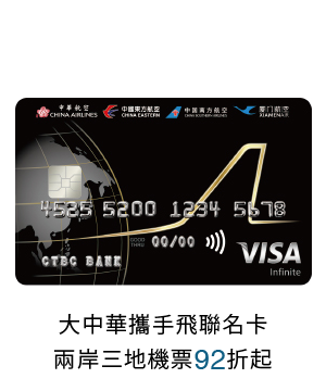信用卡優惠，大中華攜手飛聯名卡機票85折起