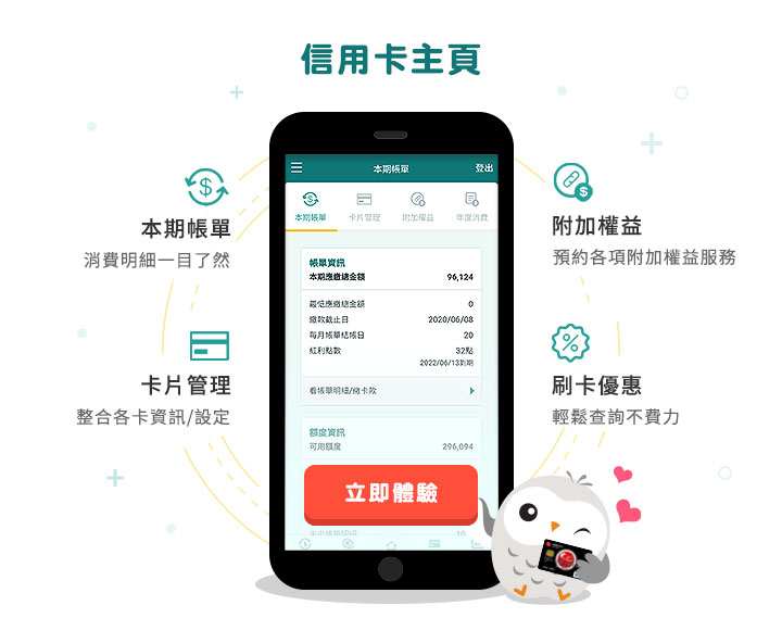 信用卡主頁：四大功能：本期帳單、卡片管理、附加權益、年度消費查詢，立即體驗