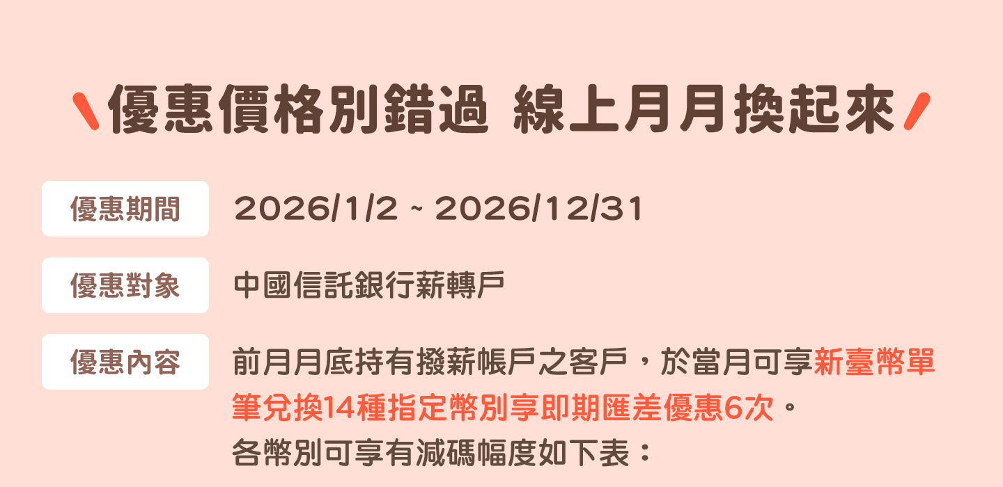 優惠價格別錯過 線上月月換起來
              優惠期間：2025/4/1 ～ 2025/12/31
              優惠對象：中國信託銀行薪轉戶
              優惠內容：前月月底持有撥薪帳戶之客戶，於當月可享新臺幣單筆兌換14種指定幣別享即期匯差優惠6次。各幣別可享有減碼幅度如下表：