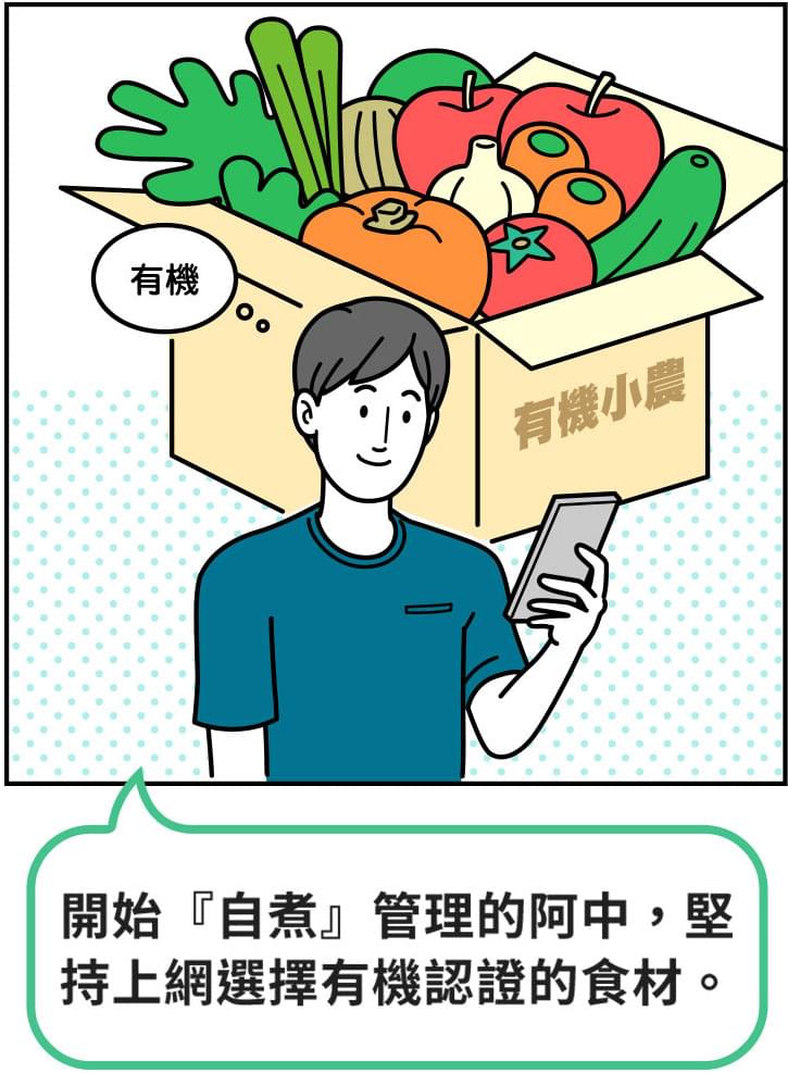 開始『自煮』管理的阿中，堅持上網選擇有機認證的食材。