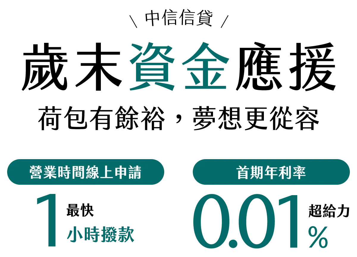 中信信貸 歲末資金應援 荷包有餘裕，夢想更從容，首期年利率0.01％超給力，營業時間線上申請最快1小時撥款